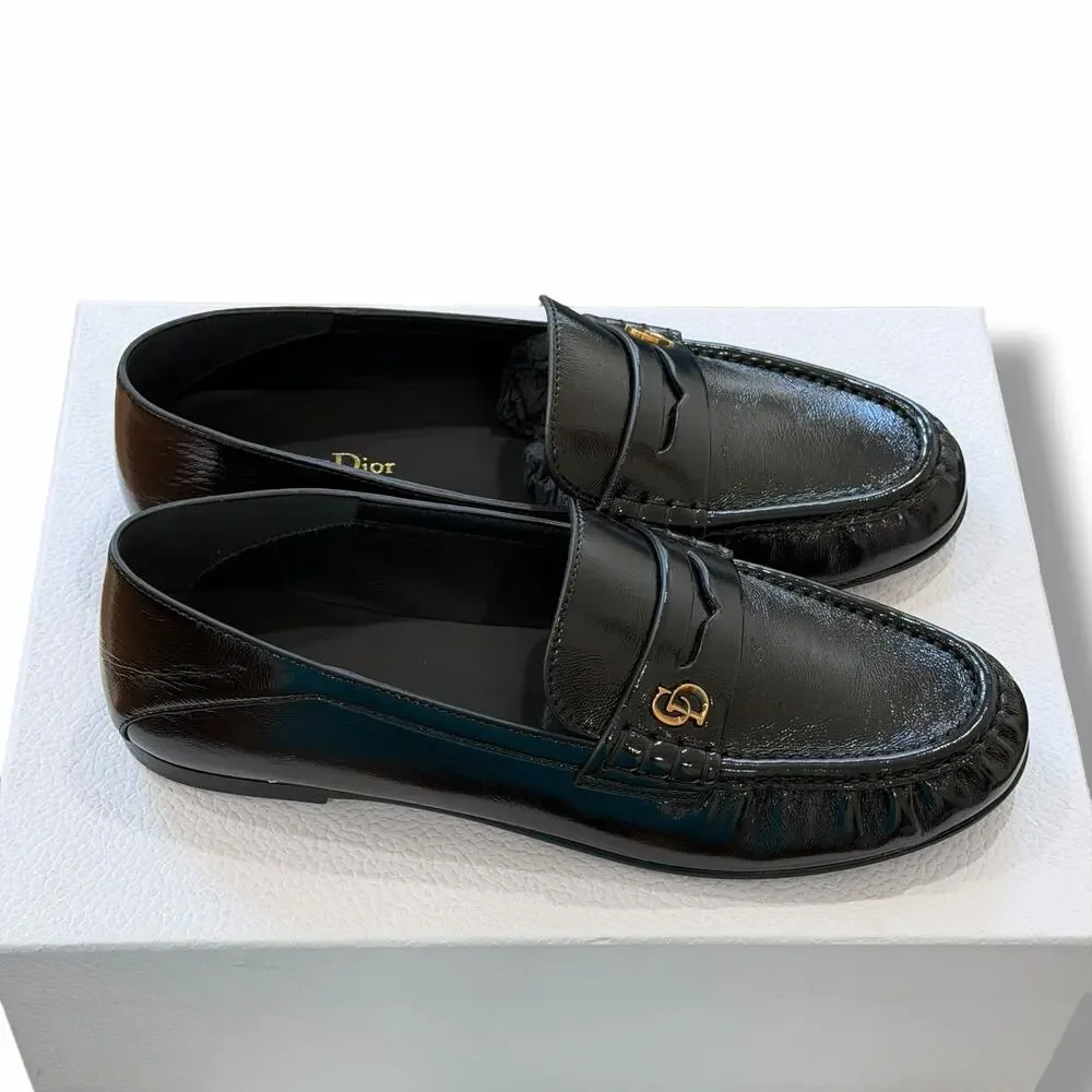 Christian Dior Women’s Black Patent Leather Loafers Dior Time Size US9.5 EU40